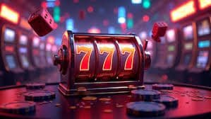 Ilustrasi permainan slot online dan sportsbook totokh dengan latar merah dan grafis dinamis